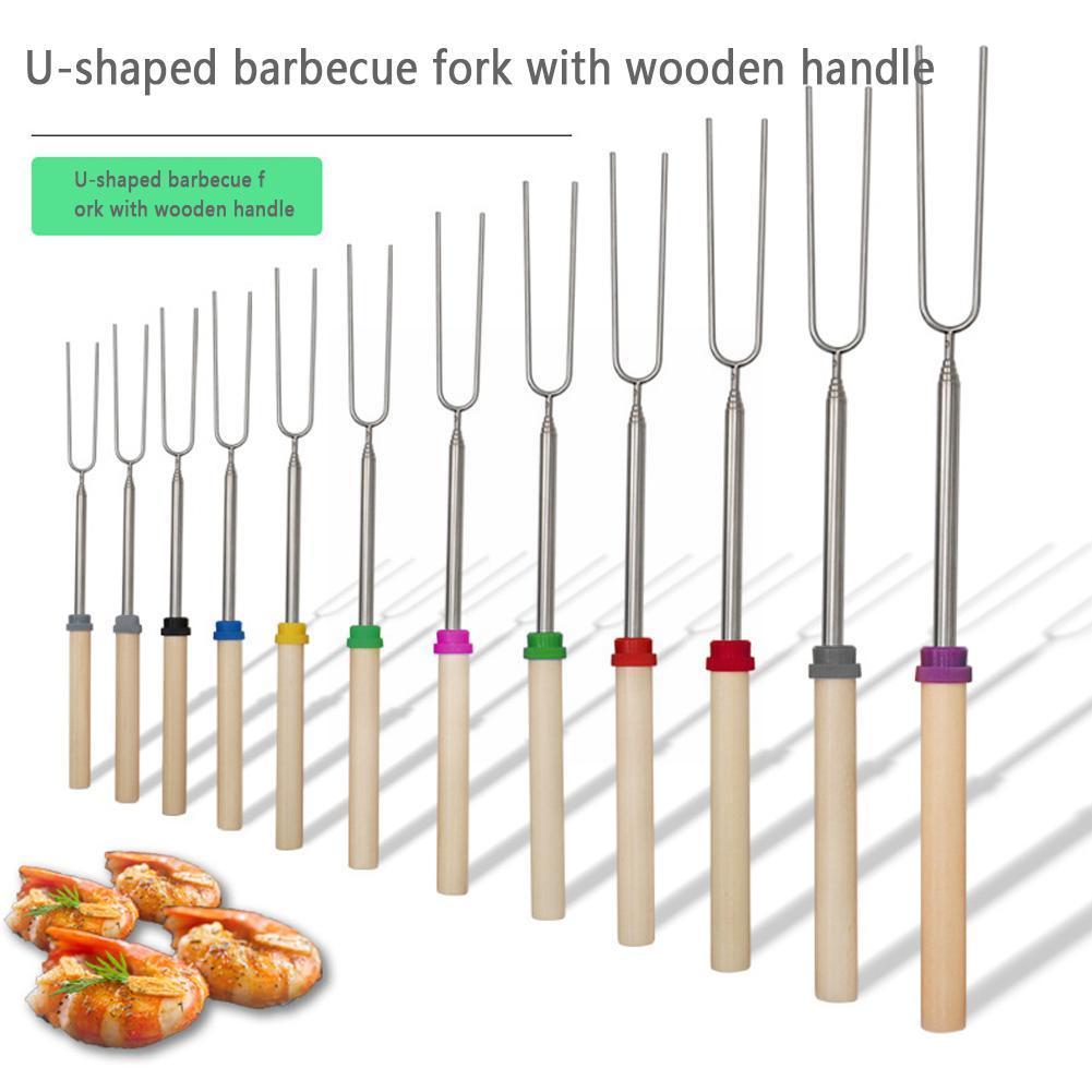 Horquilla de acero en forma de U para barbacoa, pinchos de madera con aguja, herramienta de parrilla , mango telescópico doble, 1 pieza, H2I8