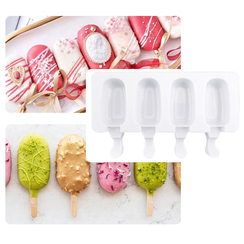 4- cells stor storlek silikonglassform isglassformar gör-det-själv-hemlagad dessertfrys fruktjuice-glassform med pinnar