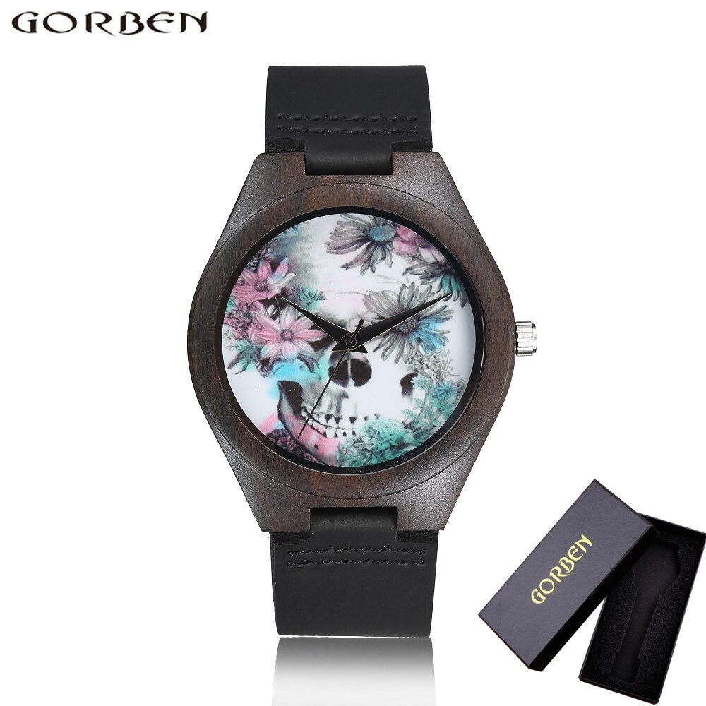 Relojes analógicos de madera para hombre y mujer, Reloj de pulsera de cuarzo con único de calavera, correa de cuero cómoda: W021Box
