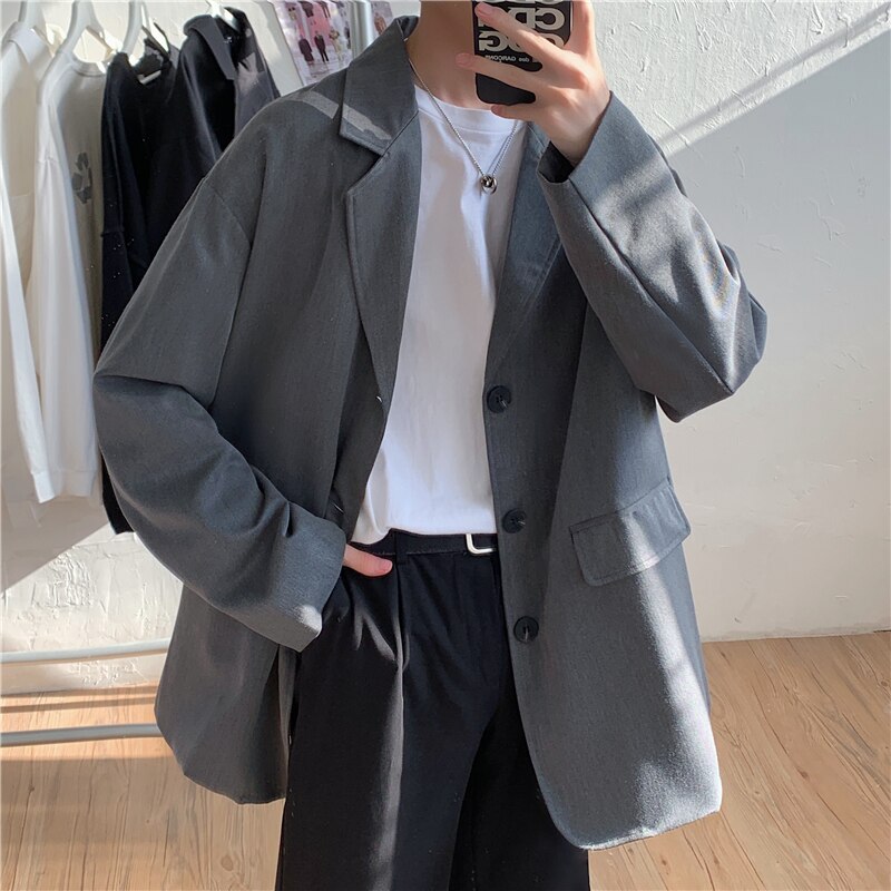 Spring Autumn Solid Color Suit Jacket Men Korean Loose Business Casual Suit Men's Streetwear Retro Slim Social Suit Jacket Men: Gray / XL