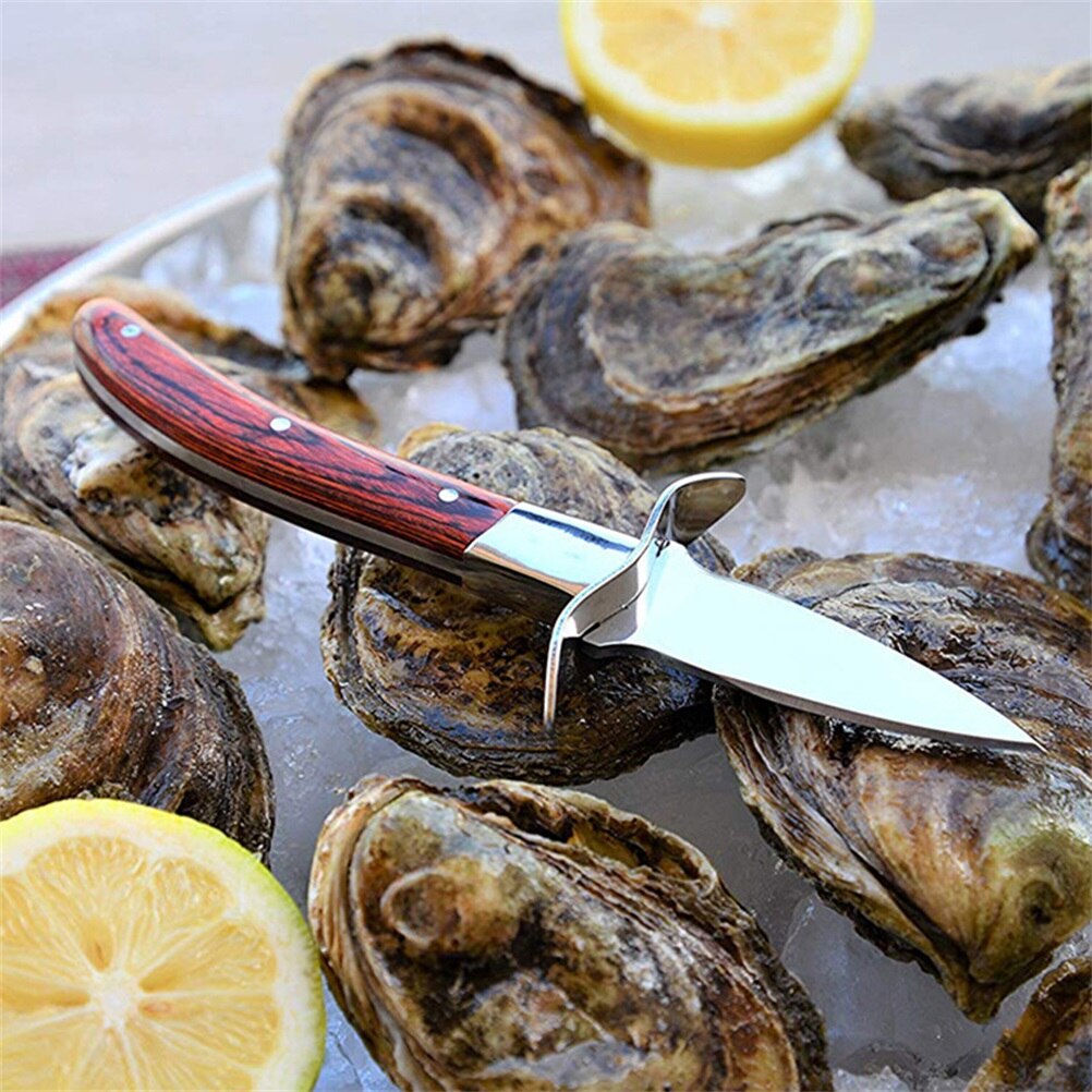 Wood Handle Oyster Knives Opener Stainless Steel Scallop Shell Shucking Cutter with Leather Case For Seafood Opener Tools