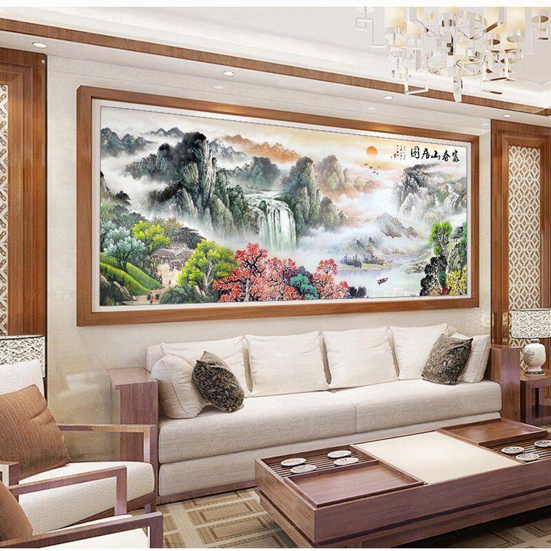 QIANZEHUI,Needlework,100% precision printing DIY Landscape, mountains and rivers full embroidery cross stitch,Wall Home Decro