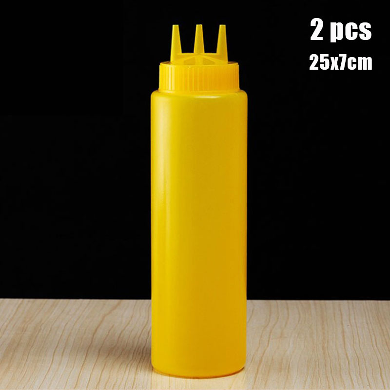 3 Holes 800ML Twist Cap Squeeze Bottle Food Grade Plastic Ketchup Mustard Mayo Sauces Olive Oil Bottles Kitchen Gadgets: 650ml Yellow 2pcs