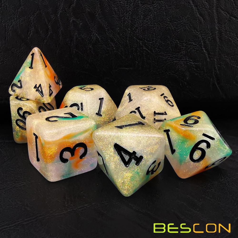 Bescon Magical Stone Dice Set Series, 7pcs Polyhedral RPG Dice Set Fairy Spirit, RoseQuartz, Gold Ore, Dragon Eyes: Gold Ore in Bulk