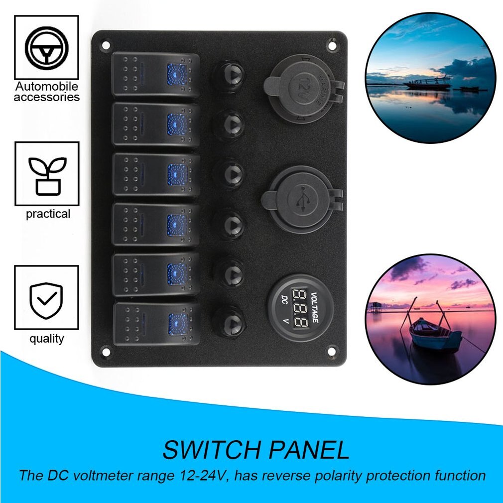 DC Flat Waterproof 6 Gang Toggle Rocker Switch Panel Car Marine Boat Circuit LED Breaker Voltmeter Aluminum Panel