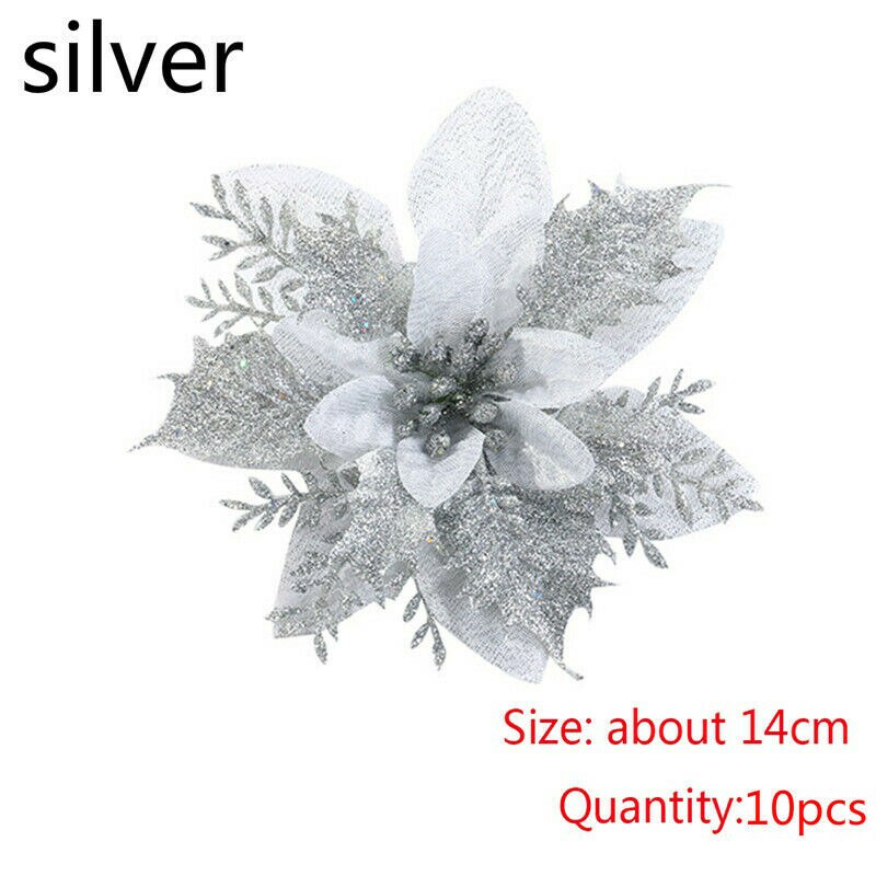BalleenShiny Christmas Tree Decoration Flower 10pcs Christmas Flower Artificial Flower Perfect Decoration for Christmas Party: Silver