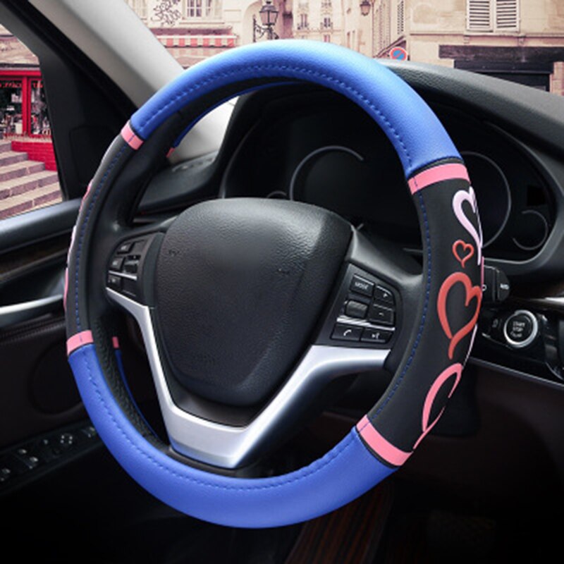 Cartoon Heart Steering Wheel Covers Microfeiber Leather Car Accessories For Girls Black Pink Cute Steering-Wheel Handle Cases
