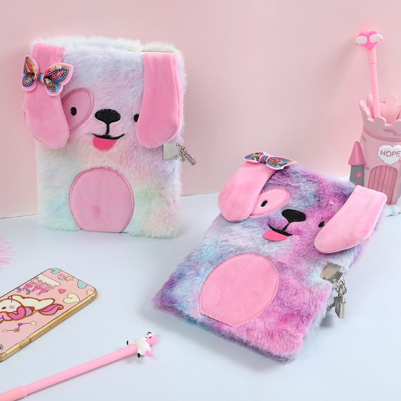 Cute Plush Dog A5 Notebook with Lock Diary Planner Notepad Organizer Stationery