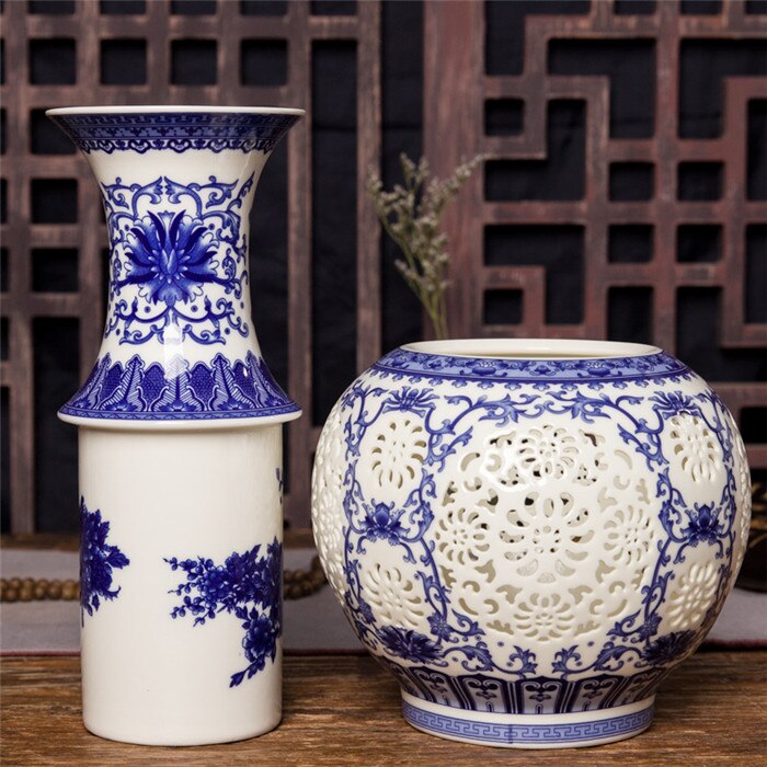Jingdezhen hul keramisk vase kinesisk blå og hvid gennemboret vase stue dekoration porcelæn blomstervase: Vase med hals