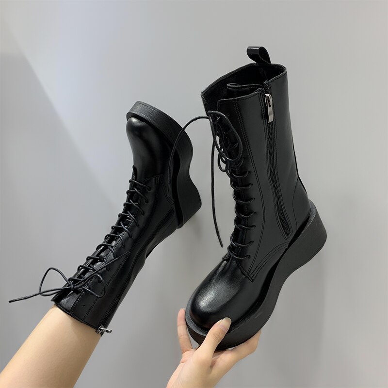 Botas para mujer de punta redonda con cordones, zapatos de otoño, calzado de invierno, Lolita, goma, media pantorrilla, Rock, Roma,