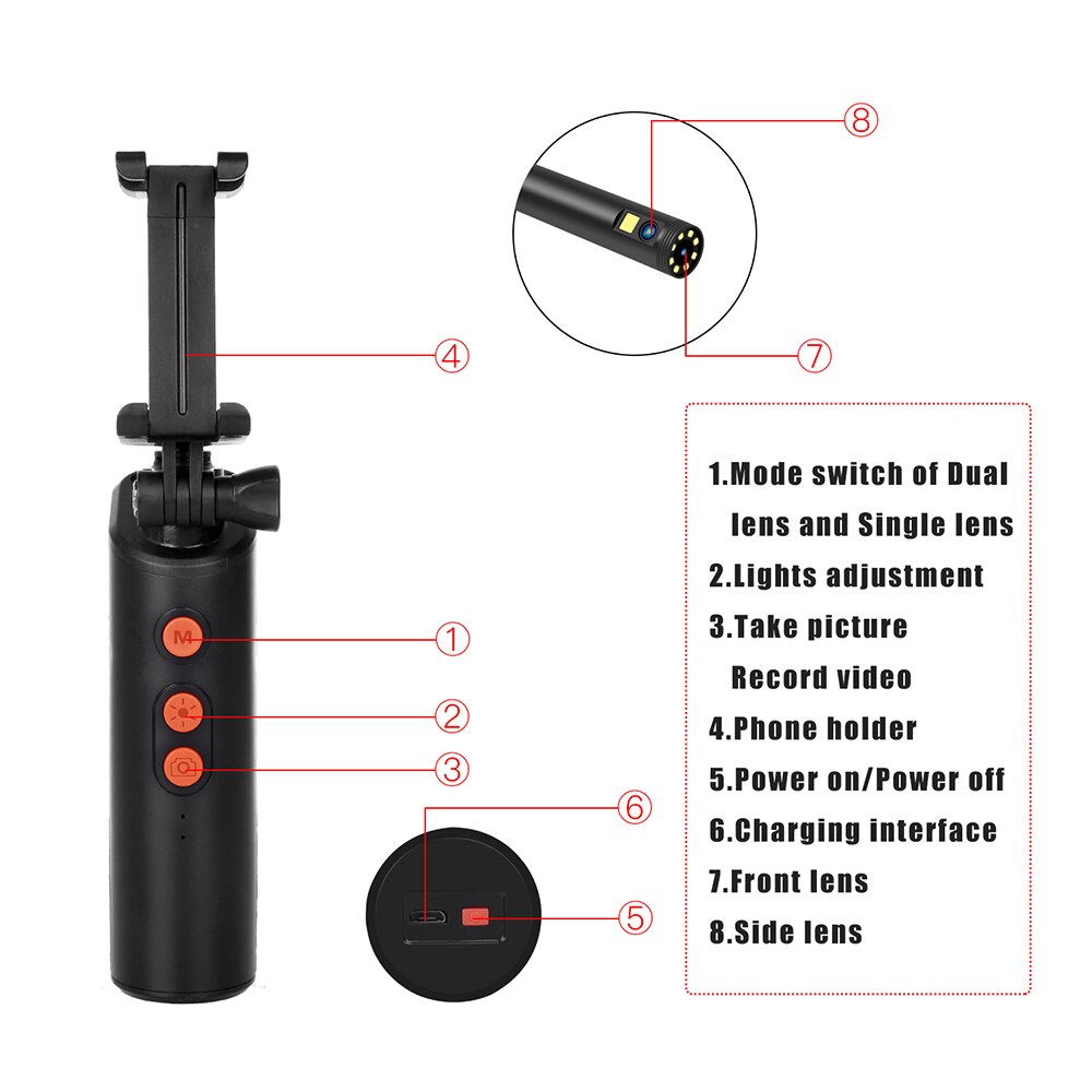 Connected Industrial Endoscopy Borescope Inspection Double Camera Built-in 9pcs 5 Levels Dimmable Adjustable Brightness LEDs