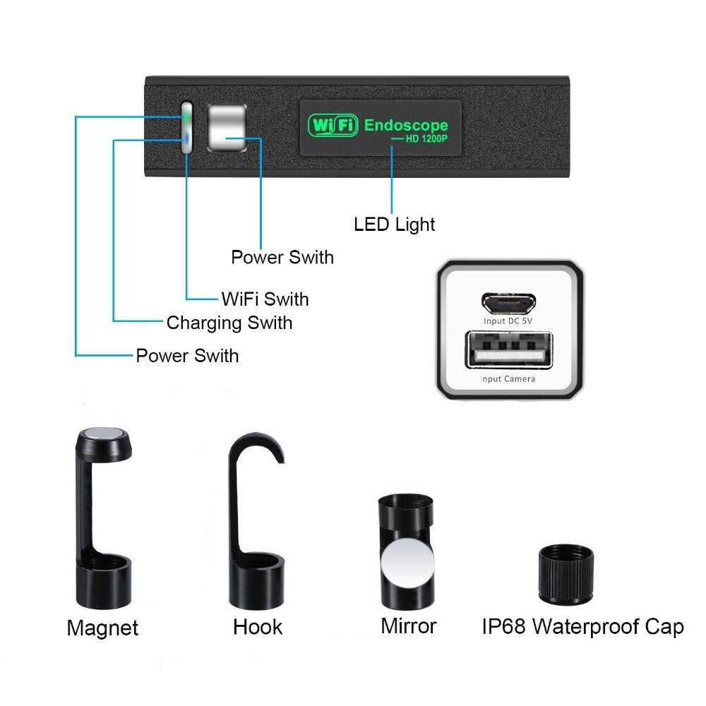 WiFi Endoscope Camera HD 1-10M 8MM Mini Waterproof Soft/Hard Cable Inspection Camera 8 LED Borescope Camera For Android PC IOS