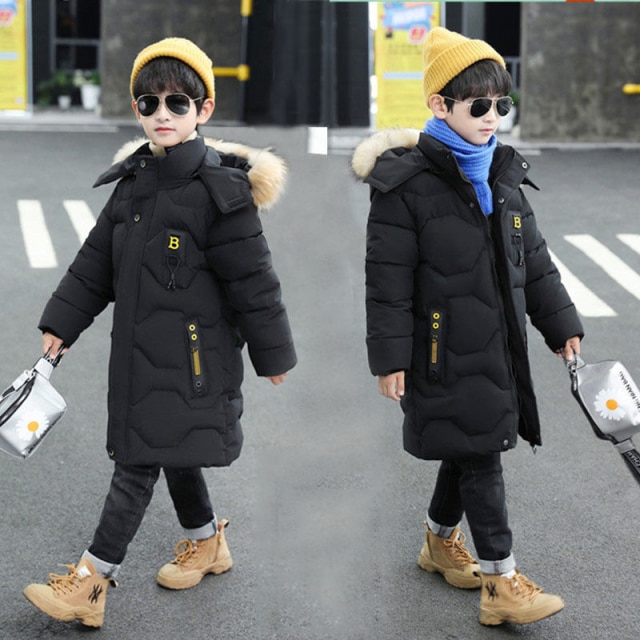 Giacca invernale in poliestere per ragazzo nuovo 2021 mantenere caldo cappotto ispessimento collo di pelliccia con cappuccio abbigliamento Casual per bambini di media lunghezza: Black / 16T