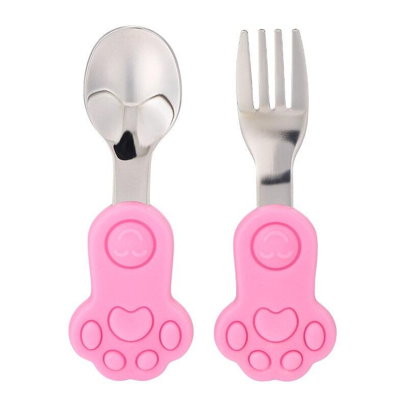 2Pcs Baby Spoon Fork Set Silicone Feeding Spoon Kids Cutlery Short Handle Children Tableware Training Stainless Steel Fork Spoon