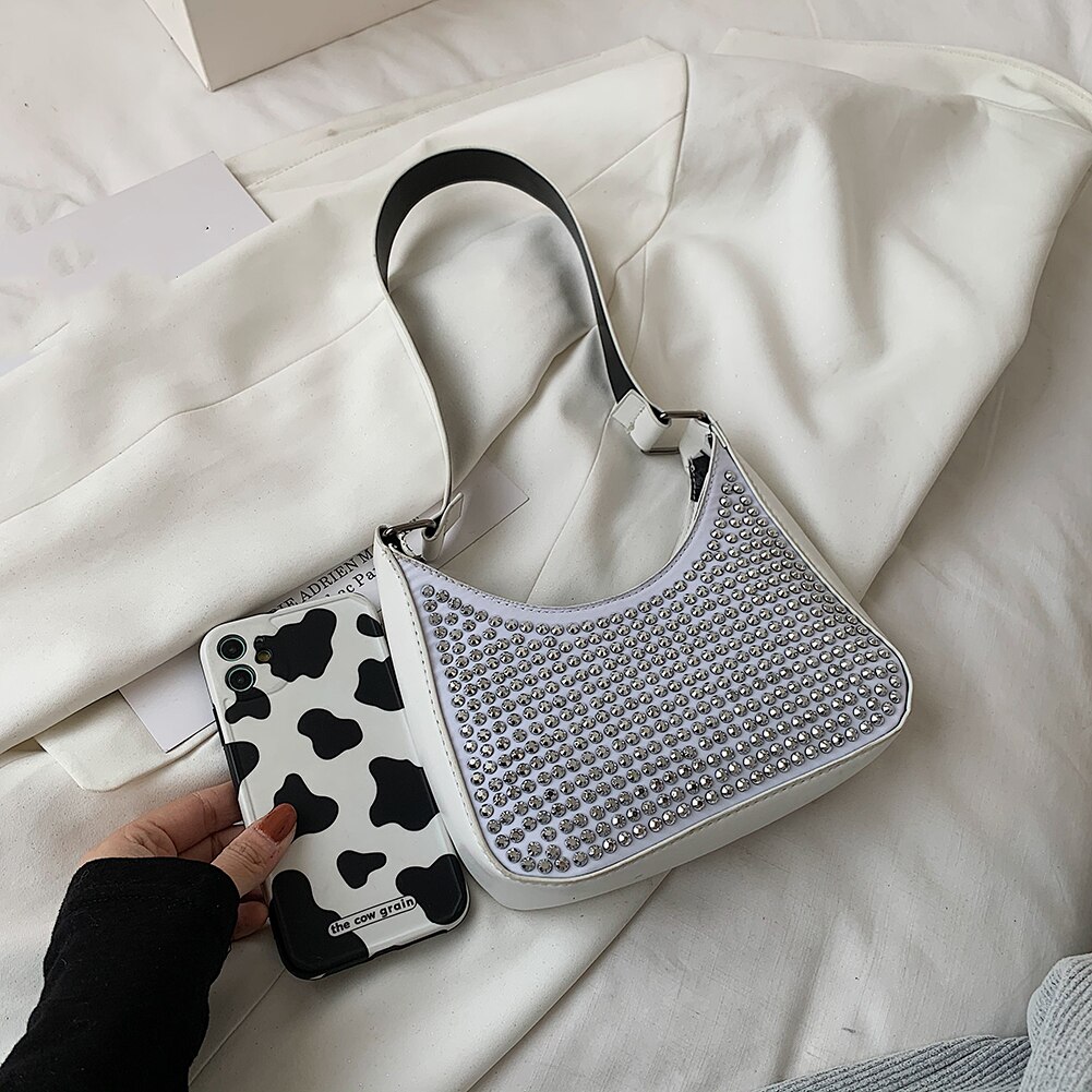 Damen-schultertasche aus pu-leder mit nieten, lässige kleine Landstreicher-handtasche, Mini-geldbörse: Weiß