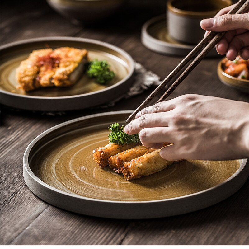 Grof Keramische Plaat Rijstkom Vajilla Serviesje Koffie Cup Ronde Steak Lade Retro Vlakke Plaat Servies Sushi Gerechten 1 stuks