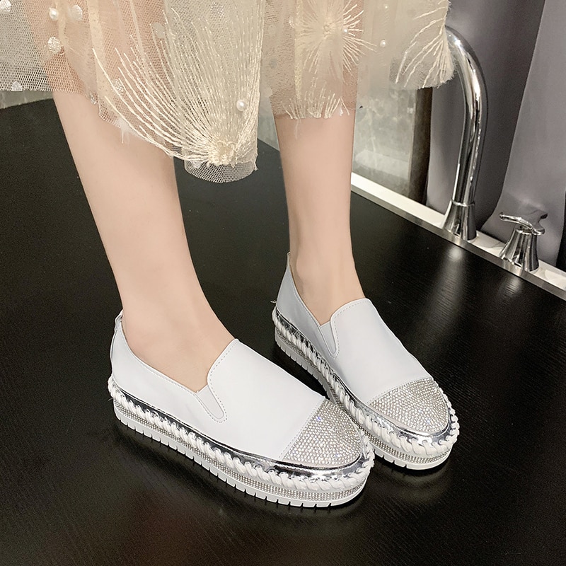 Rimocy Shining Crystal Plus Size 36-43 Loafers Women Spring Summer Slip on Platform White Sneakers Shoes Woman Casual Flats
