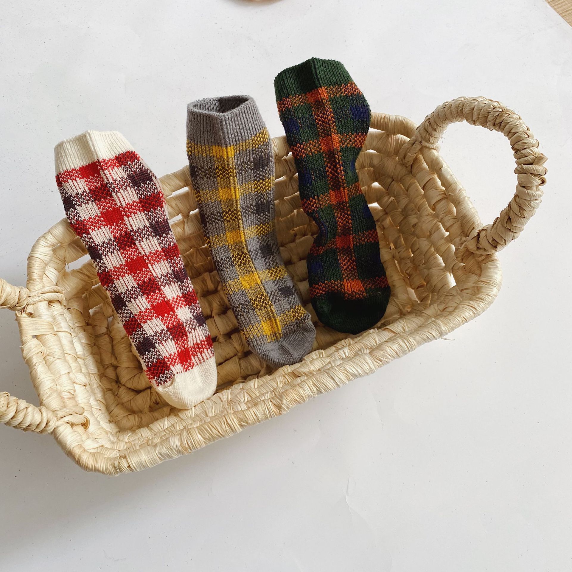 3 unids/lote medias de tubo de algodón a cuadros para invierno y otoño estilo británico para niños y niñas