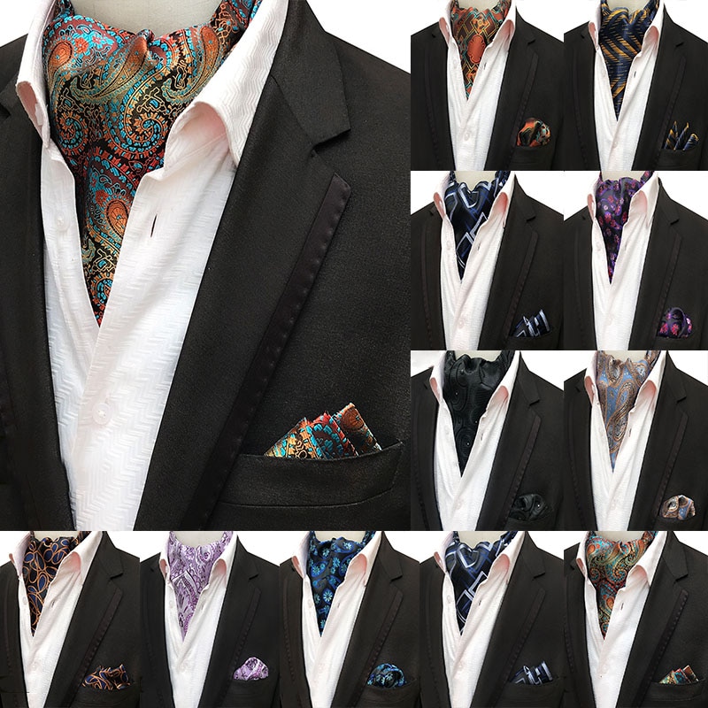 Mans Vintage 100% seda Ascot corbata set de bolsillo a cuadros de lujo Mans Paisley flor corbata pañuelo para hombres