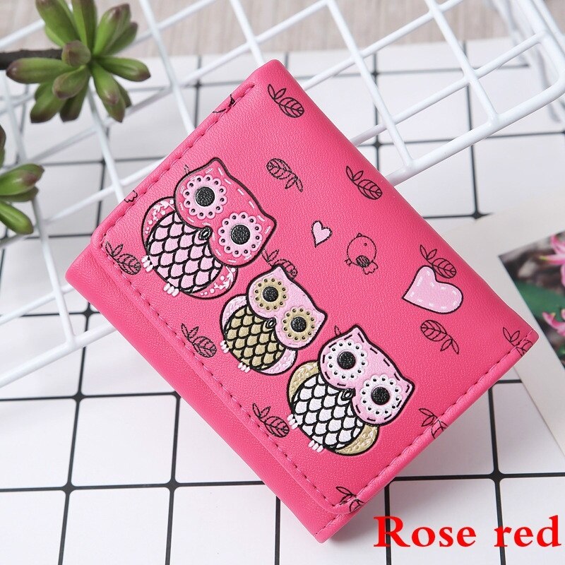 Women Cute Mini Wallet Owl Pattern Coin Purse Students PU Leather Card Bag womens wallets and purses: rosered