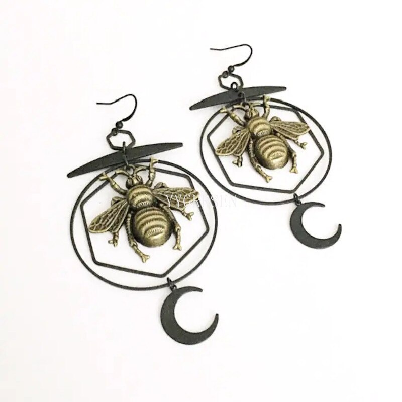 Pendientes góticos de abeja para mujer, joyería clásica hecha a mano con forma de Luna colgante de bruja, de creatividad para Halloween, novedad