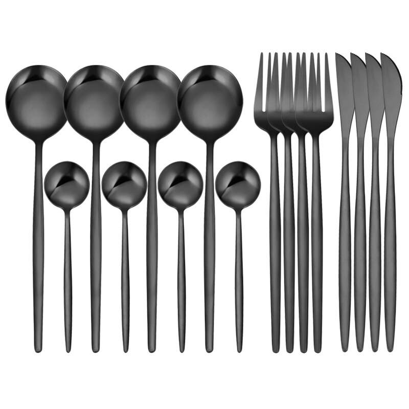 16Pcs/Set White Gold Cutlery Set Knives Forks Tea Spoon Dinnerware Flatware Stainless Steel Silverware Kitchen Tableware Set: 16 Pcs Black