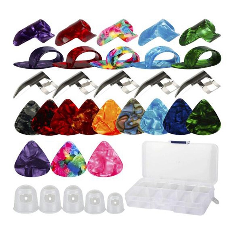 -gitaaraccessoireset bevat 35 gitaarplectrums, ,10 duimplectrums, , 5 metalen vingerplectrums, , 5 vingerbeschermers en opbergdoos: Default Title