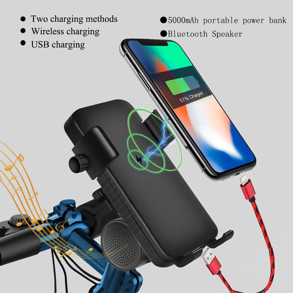 5000 MAh Wireless Charging Multifunction Bicycle Front Light with Power Bank Bike Phone Holder Bracket USB Bluetooth Speaker