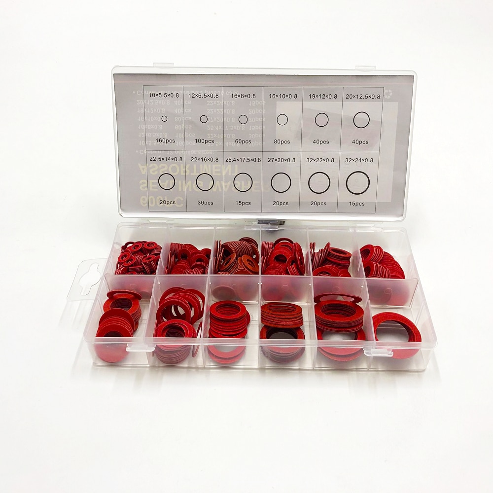 600pc Fibre rondelle assortiment plombier bagues d'étanchéité en étui 10-32mm rouge Fibre joint d'étanchéité assortiment