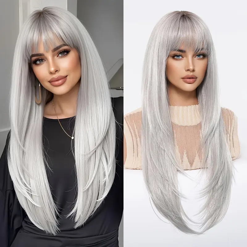 Easihair lång silverfärgad med blonda slingor syntetiska peruker för kvinnor rak med lugg naturlig peruk cosplay-hår värmebeständigt