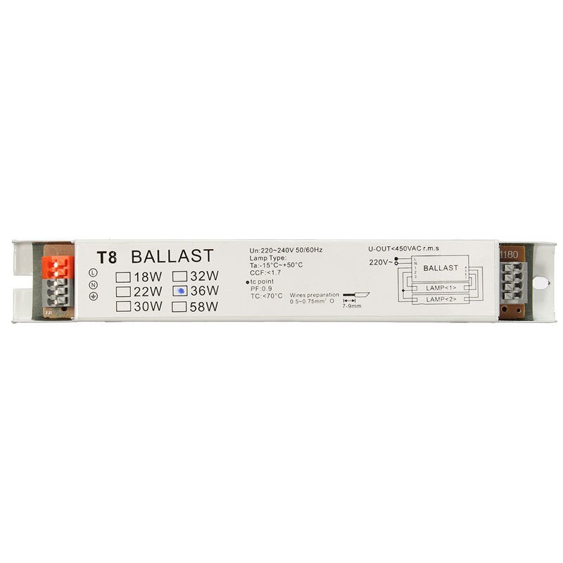 Balastro T8 para lámparas fluorescentes, dispositivo electrónico de amplio voltaje 220 a 240V CA, para 2x 18W, 2x 30W, 2x 36W y 2x 58W