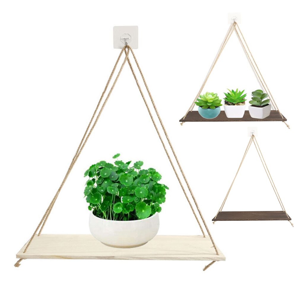 Hangende houten plantenplank, opbergrek voor huishoudelijke onderdelen, wandrek met touw, hangende plantenbak, bloempotplank, opbergrek, huis- en tuindecoratie