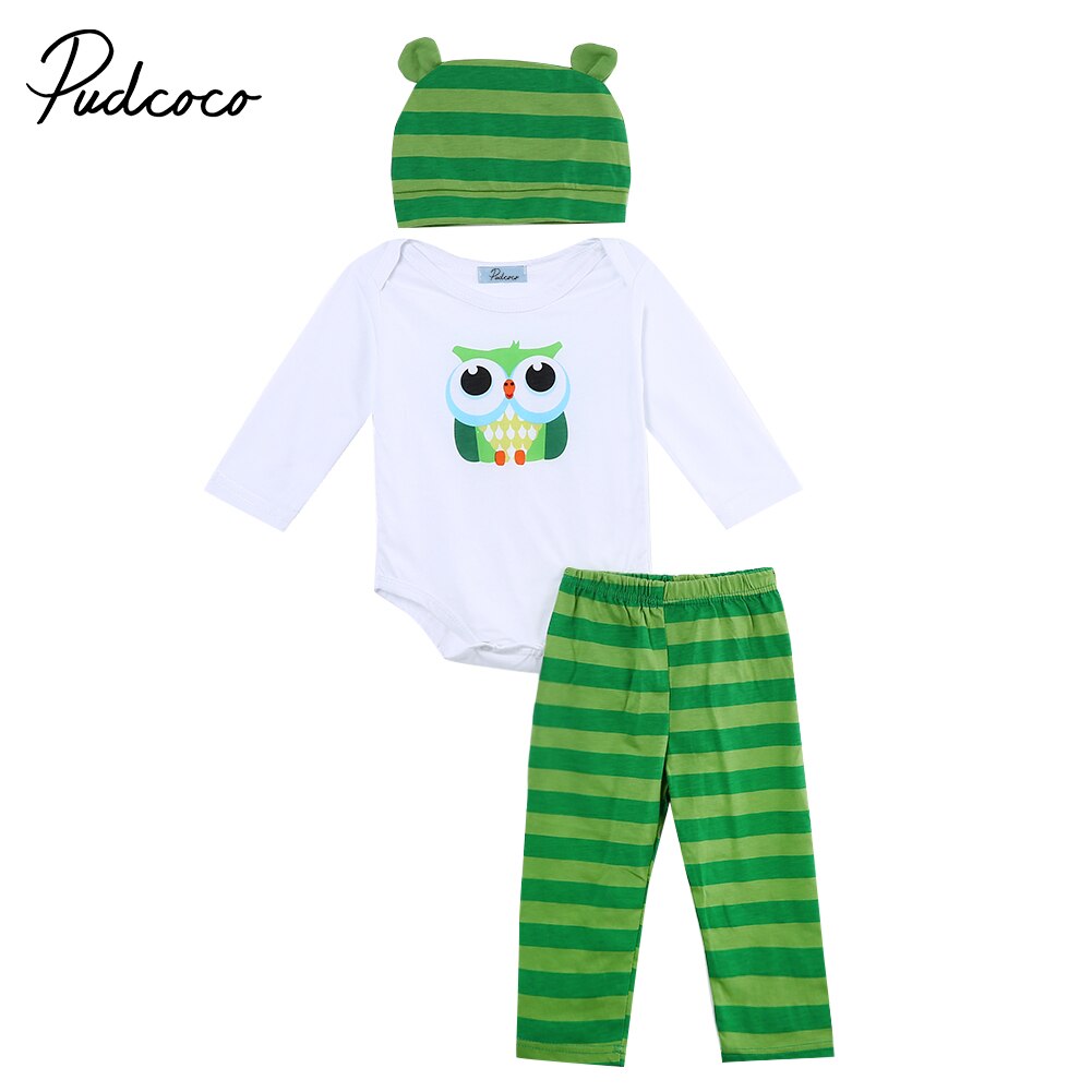 Emmababy 100cm puuvillaa vauvanvaatteita printti 3 kpl lasten vauvan tytöt pojat unisex täyshihainen body+raidalliset housut+hattuasut setit: Vihreä / 80