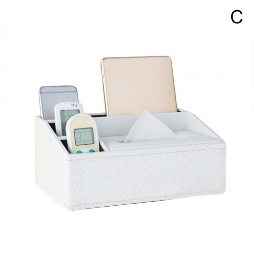 Partitioned Faux Leather Tissue Box Home Desk Table Remote Control Phone Tissue Paper Napkin Storage Box Holder Organizer: C