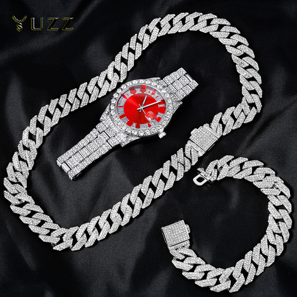 Reloj de cadena cubana de 16MM para hombre, Hip Hop, 3 uds., Miami, diamantes de imitación pavimentados, rapero, collar cubano, traje, reloj + pulsera, joyería