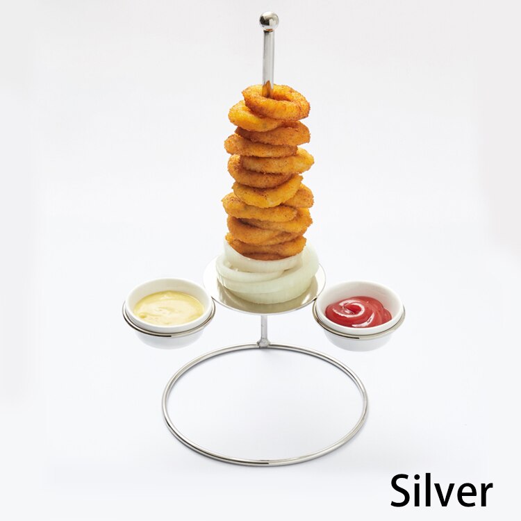 Spring Features Bread Tower Chicken Rack 1pcs Food Rack 2 Sauce Cups Tableware Supplies Food Donuts Onion Brick Straps: 1set silver