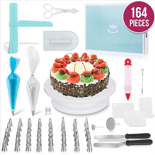 10 Inch Taart Draaitafel Roterende Anti-Slip Ronde Cake Stand Cake Decorating Gereedschap Cake Draaitafel Keuken Diy Pan bakken Tools: 164PCS