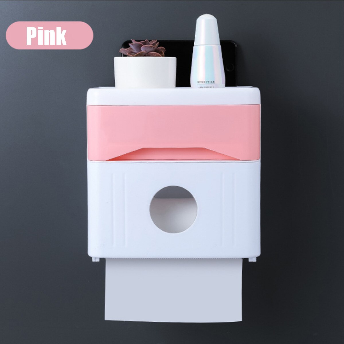 Dubbele Laag Plastic Toiletrolhouder Badkamer Papieren Tissue Doos Pers-Open Wandmontage Plank Opbergdoos Wc Dispenser: Pink