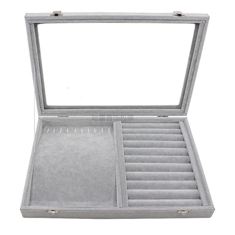 Große Samt Grau Tragetasche mit Glas Abdeckung Schmuck Ring Display Box Tray Halter Storage Box Organizer Ohrringe Ring Armband: Freier Raum