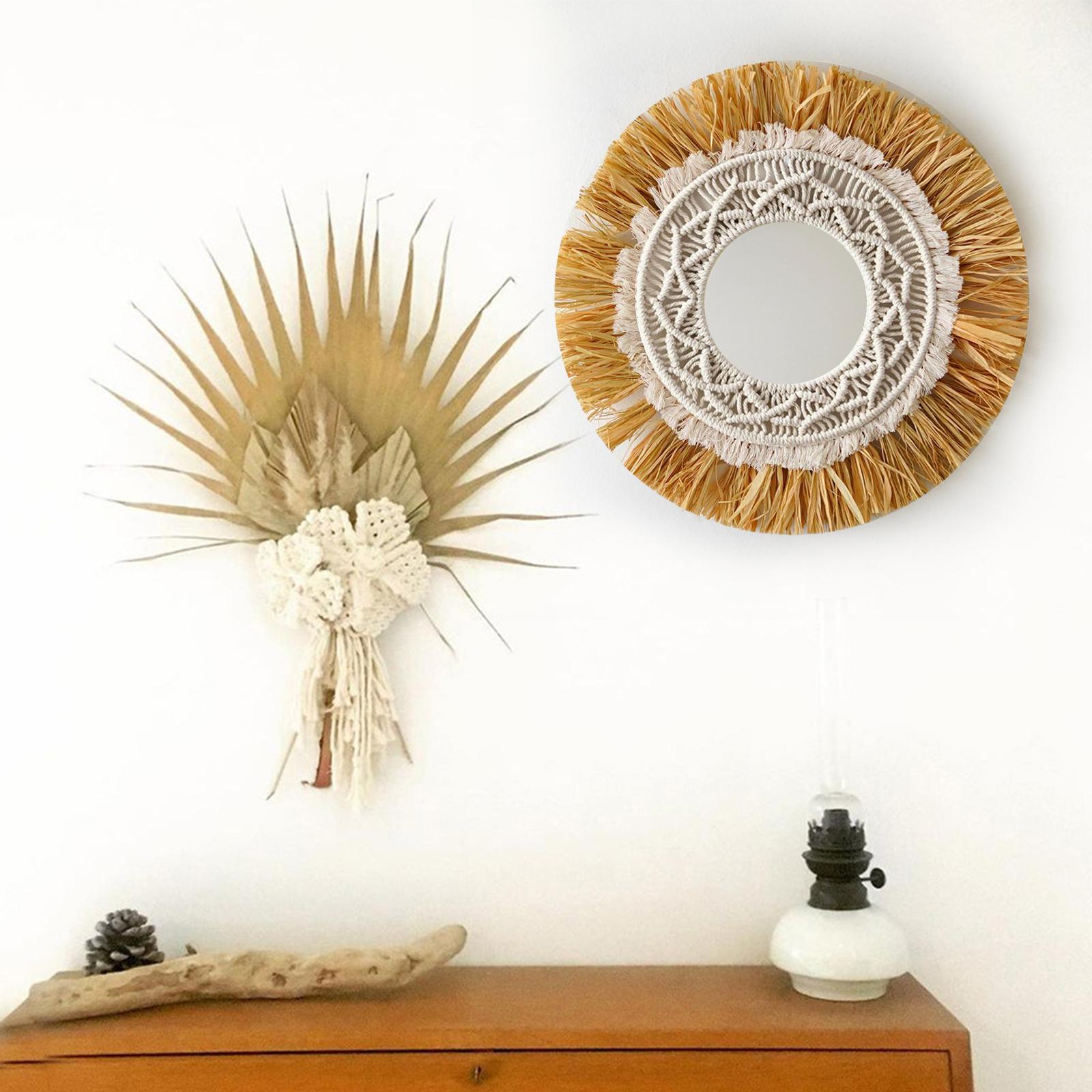 Boho Raffia Wall Hanging Mirror Macrame Nordic Mirrors Apartment Decoration