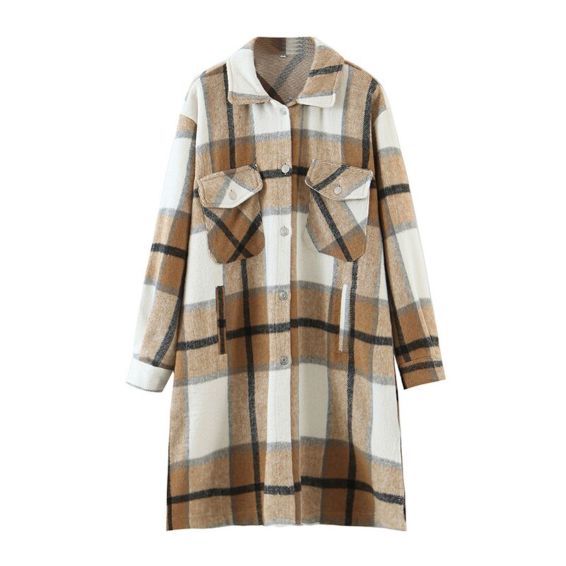 Aachoae dames lange geruite jas met omslagkraag, casual dames wollen jassen, vleermuismouwen, losse zakken, herfst/lente: Bruin / S