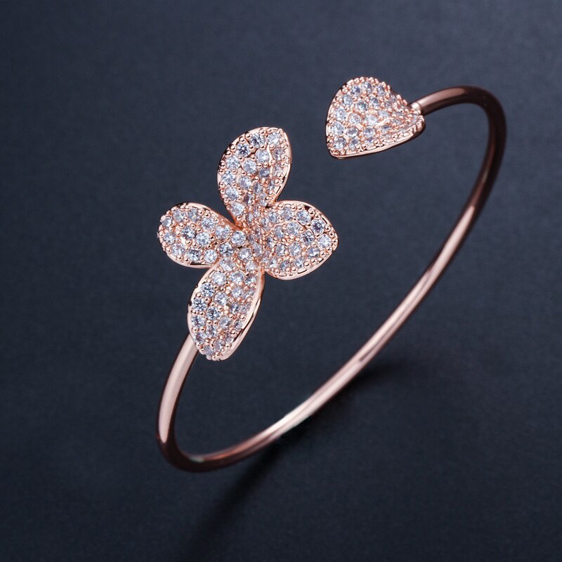 CWWZircons Famous Brand Jewelry Flower and Leaf Silver Color Micro Pave Cubic Zirconia Adjustable Bangle Bracelet BG014: Rose Gold Color