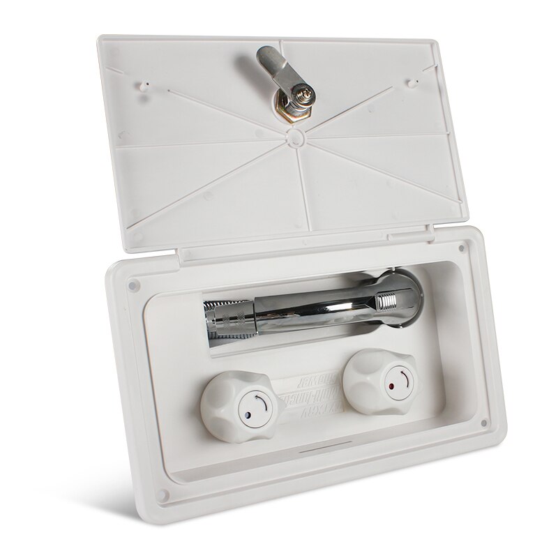 White Caravan Exterior Shower Box Kit with Lock - Includes Shower Faucet, Shower Hose, Shower Wand Boat Marine Camper Motorhome