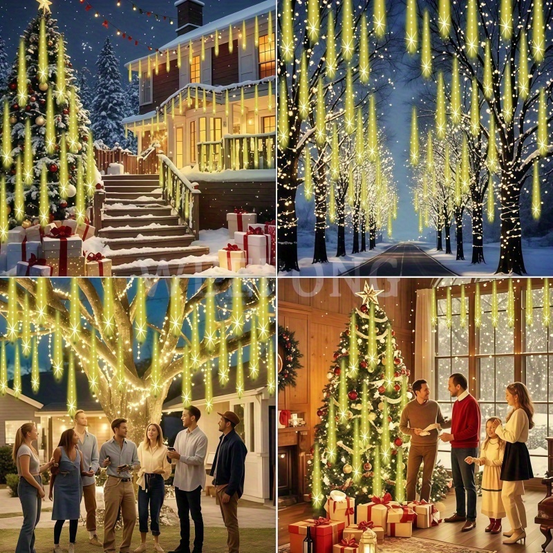 Solcelledrevne julelys utendørs 8 -rørs led-lys med solcelledrevne meteorregnlys hengende julelys til tre istapphage juledekorasjon