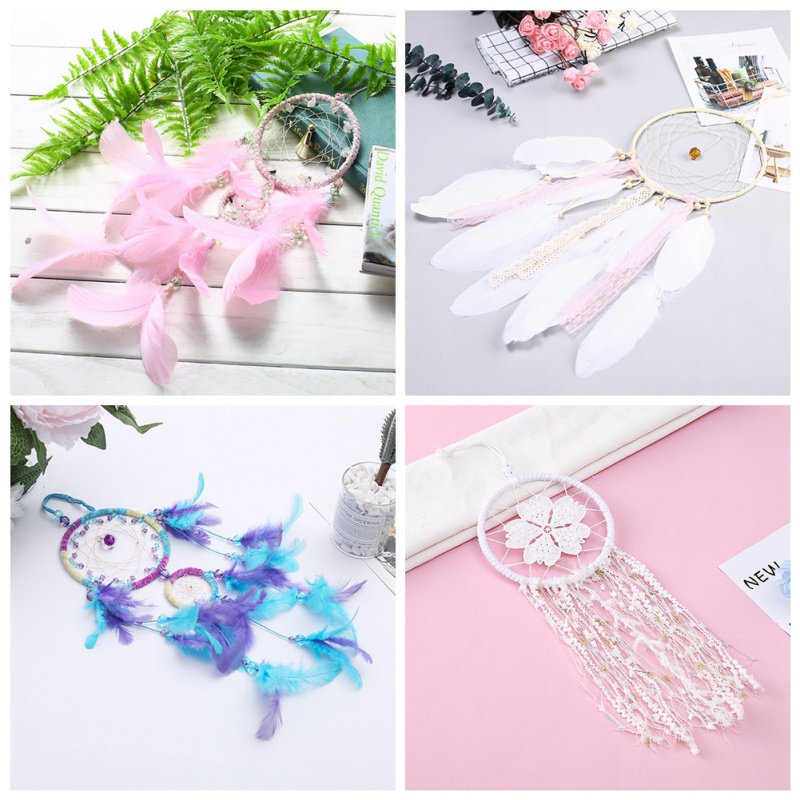 VERSAINSECT Handmade 3-Circle Dreamcatcher Wall Hanging | Boho Decor With Feathers, Pink & Cyan, Ethnic Style Room Ornament