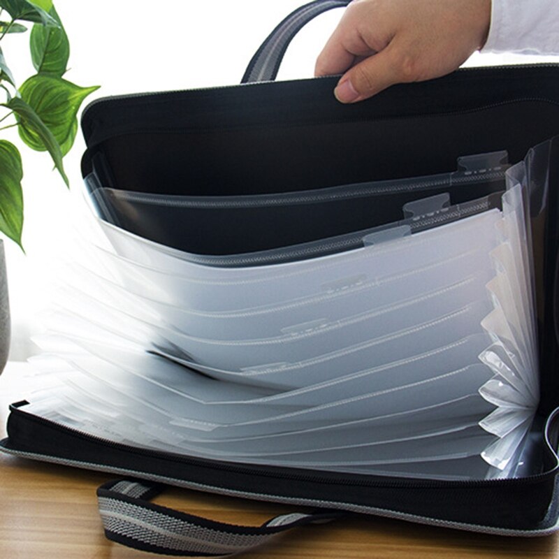 Office Canvas&Leather Folder 12 Layers Expanding Wallet Document Organizer File Folder A4 36X28cm Large Capacity Business Use