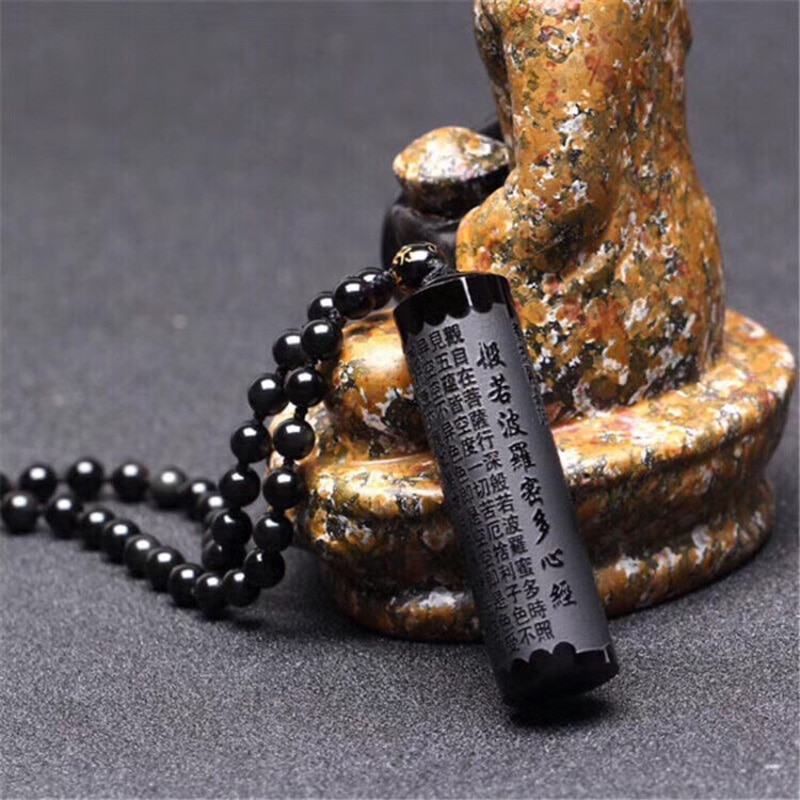 Black Obsidian Buddha Pendant Prajna paramita Sutra Buddha Necklace Pendant Men's Pendant Women's Jewelry With beads Chain