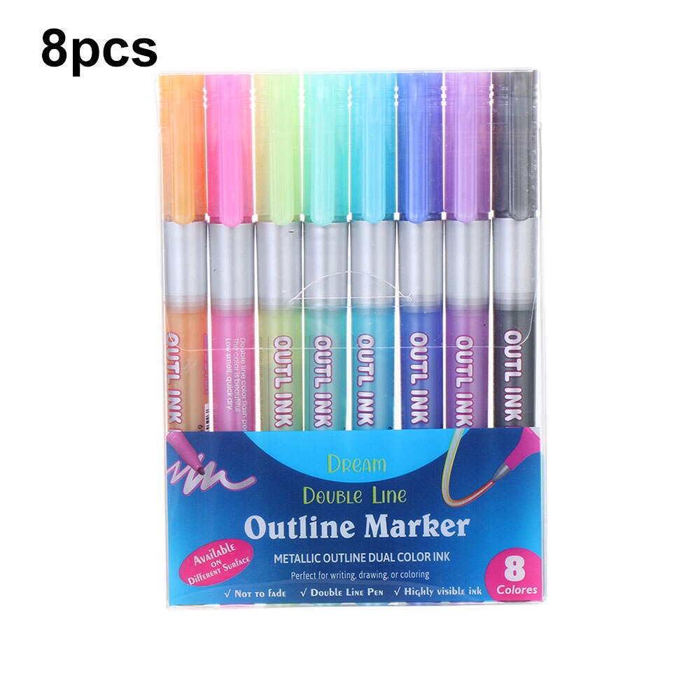 Metallic Double Lines Graffiti Markers Pen Contour Pen Highlighter Pen Stationery for Kids Painting Doodling School Art Supplies: 8 Pcs