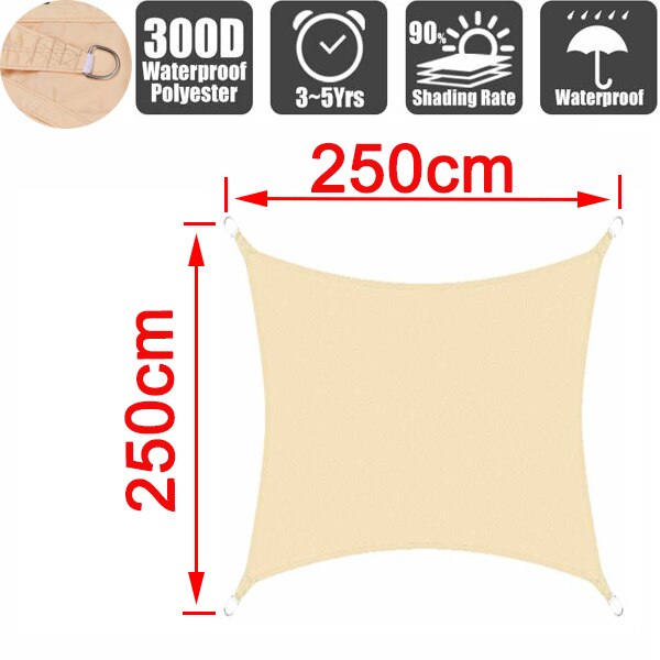 300D Waterproof Polyester Square Rectangle Shade Sail garden terrace Canopy swimming Sun shade Camping Hiking Yard sail awning: 250cm x 250cm