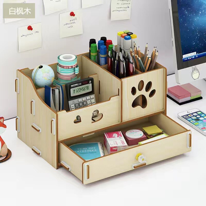 Pencil Organizer Multi-Function Wooden Desktop Pen Holder Office School Stationery Storage Stand Case Desk Pen: E